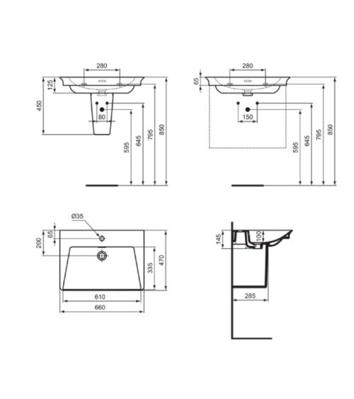 Ideal Standard La Dolce Vita  praustuvas 660x470x145, su anga maišytuvui ir perlaja, baltos spalvos