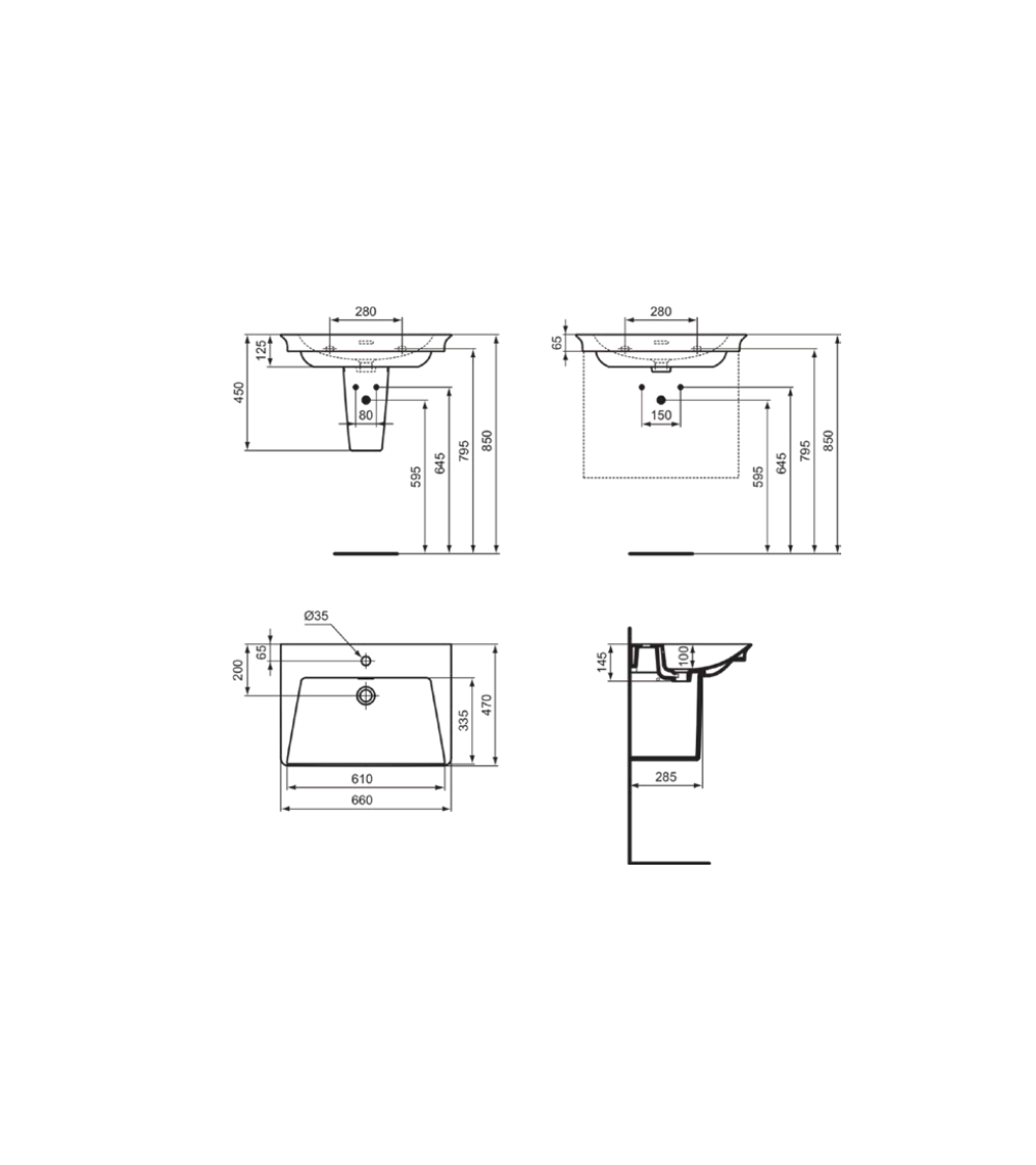 Ideal Standard La Dolce Vita  praustuvas 660x470x145, su anga maišytuvui ir perlaja, baltos spalvos