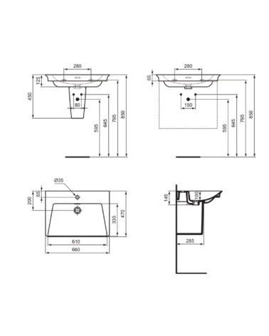 Ideal Standard La Dolce Vita  praustuvas 660x470x145, su anga maišytuvui ir perlaja, baltos spalvos