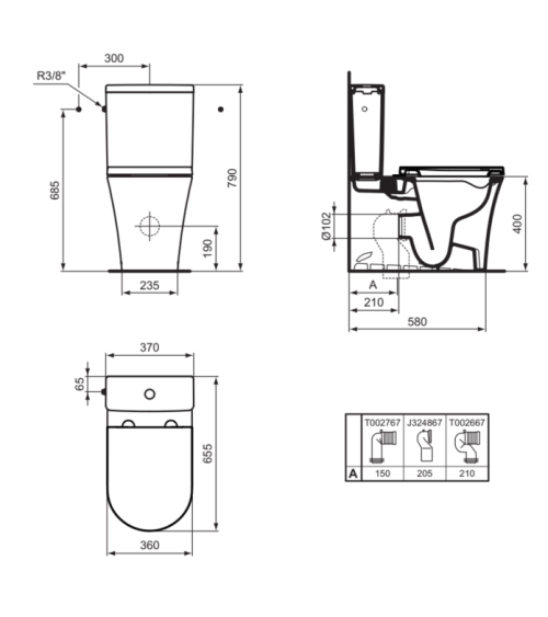 Ideal Standard La Dolce Vita pastatomo klozeto bakelis, 4,5/3L šoninis vandens prijungimas