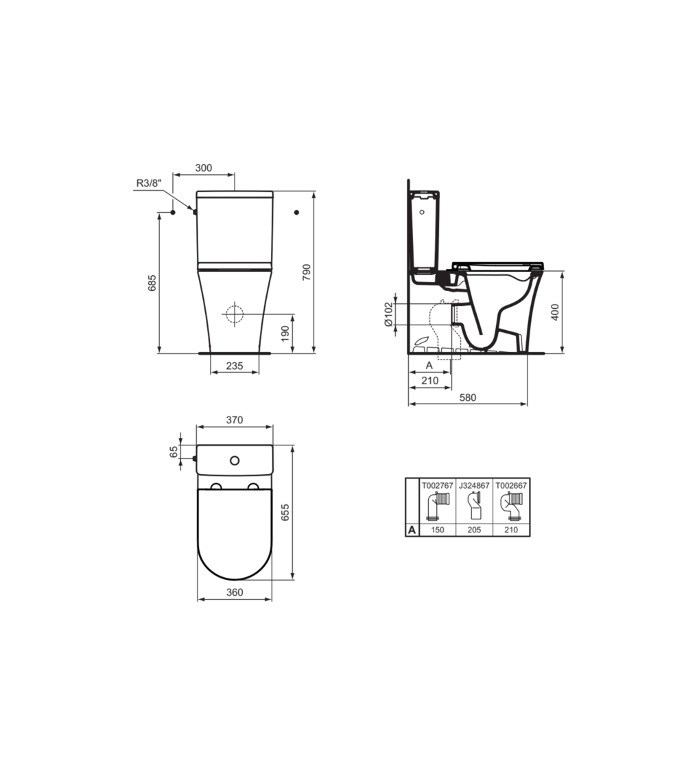 Ideal Standard La Dolce Vita pastatomo klozeto bakelis, 4,5/3L šoninis vandens prijungimas