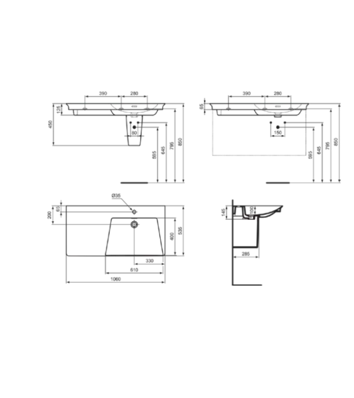 Ideal Standard La Dolce Vita  praustuvas 1060x535x145, baltos spalvos, su anga maišytuvui ir perlaja