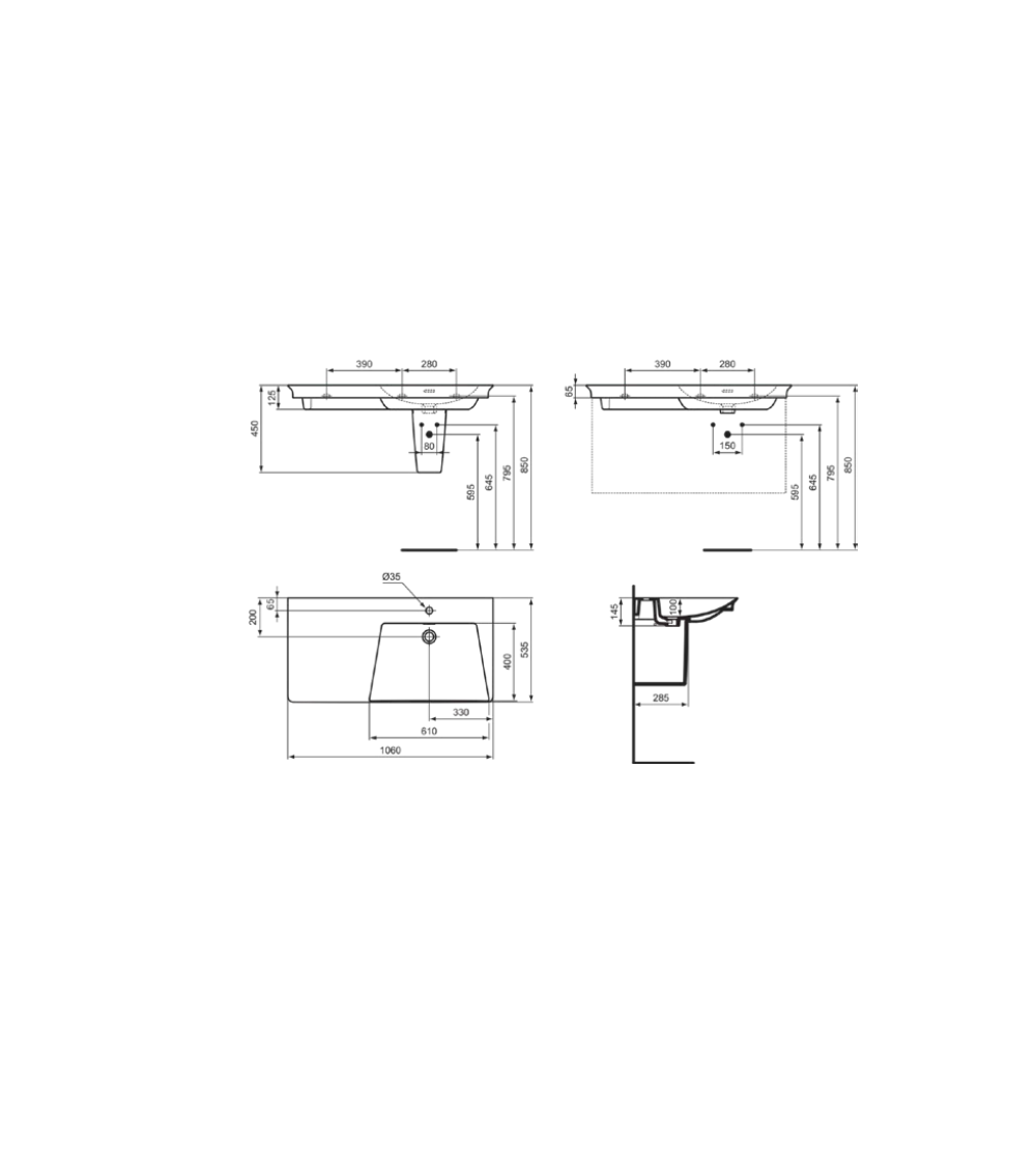 Ideal Standard La Dolce Vita  praustuvas 1060x535x145, baltos spalvos, su anga maišytuvui ir perlaja