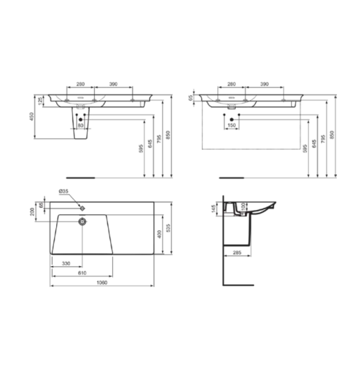 Ideal Standard La Dolce Vita  praustuvas 1060x535x145, baltos spalvos, su anga maišytuvui ir perlaja