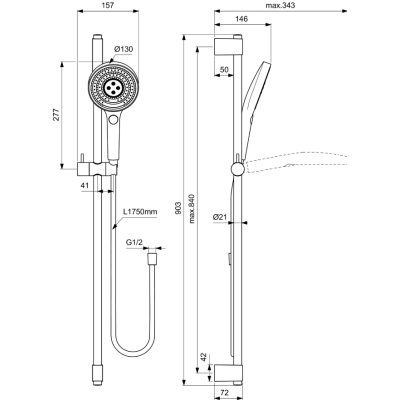 Ideal Standard Idealrain Solos rankinio dušelio komplektas, be maišytuvo, 900 mm, pasirinkite spalvą