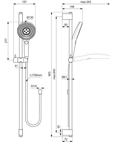 Ideal Standard Idealrain Solos rankinio dušelio komplektas, be maišytuvo, 900 mm, pasirinkite spalvą