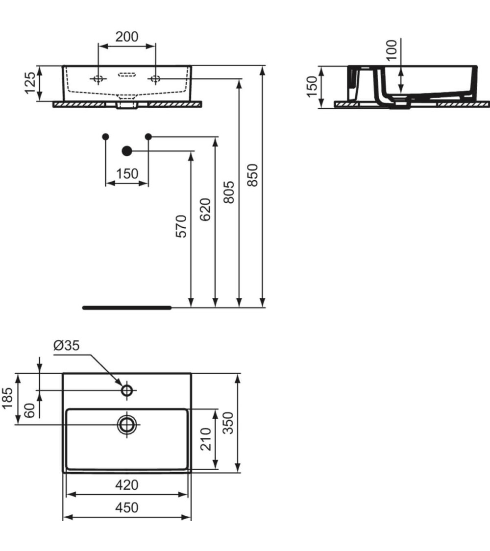 Ideal Standard Extra stačiakampis pakabinamas praustuvas 45 cm, baltos blizgios spalvos