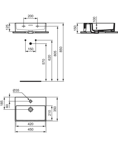 Ideal Standard Extra stačiakampis pakabinamas praustuvas 45 cm, baltos blizgios spalvos