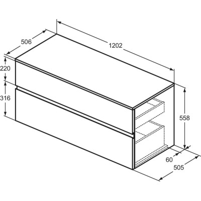 Ideal Standard Finesse pakabinama spintelė praustuvui su stalviršiu ir dviem stalčiais, 120 x 50 cm, pasirinkite spalvą