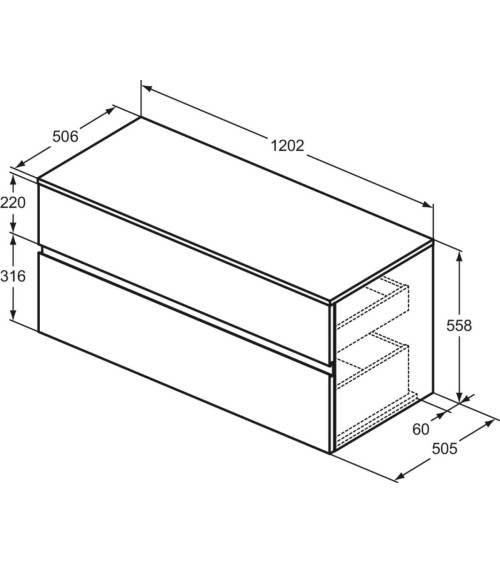 Ideal Standard Finesse pakabinama spintelė praustuvui su stalviršiu ir dviem stalčiais, 120 x 50 cm, pasirinkite spalvą