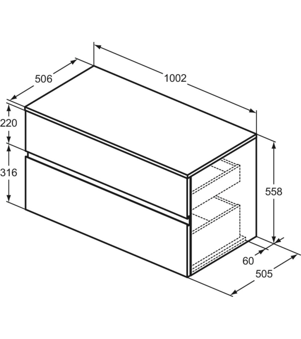 Ideal Standard Finesse pakabinama spintelė praustuvui su stalviršiu ir dviem stalčiais, 100 x 50 cm,  pasirinkite spalvą