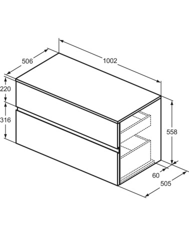 Ideal Standard Finesse pakabinama spintelė praustuvui su stalviršiu ir dviem stalčiais, 100 x 50 cm,  pasirinkite spalvą