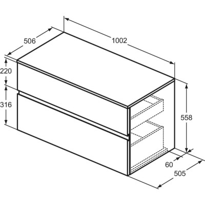 Ideal Standard Finesse pakabinama spintelė praustuvui su stalviršiu ir dviem stalčiais, 100 x 50 cm,  pasirinkite spalvą