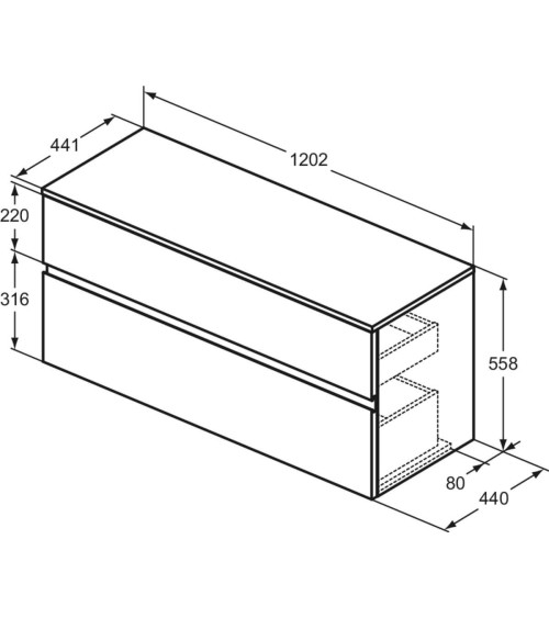 Ideal Standard Finesse pakabinama spintelė praustuvui su stalviršiu ir dviem stalčiais, 120 x 44 cm, pasirinkite spalvą