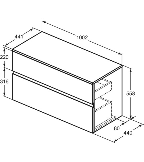 Ideal Standard Finesse pakabinama spintelė praustuvui su stalviršiu ir dviem stalčiais, 100 x 44 cm, pasirinkite spalvą