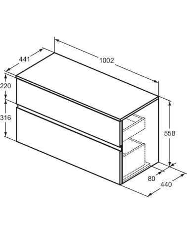 Ideal Standard Finesse pakabinama spintelė praustuvui su stalviršiu ir dviem stalčiais, 100 x 44 cm, pasirinkite spalvą