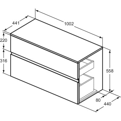 Ideal Standard Finesse pakabinama spintelė praustuvui su stalviršiu ir dviem stalčiais, 100 x 44 cm, pasirinkite spalvą