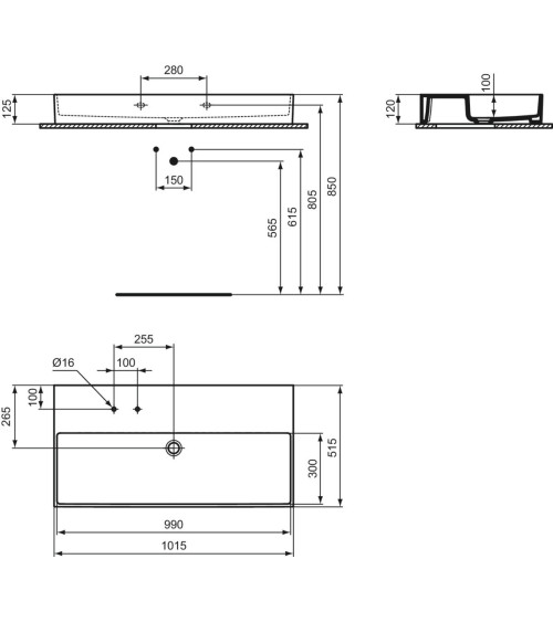 Ideal Standard Solos Vanity Basin pakabinamas praustuvas 1015x515x120 mm, su 2 skylėm maišytuvui, pasirinkite spalvą