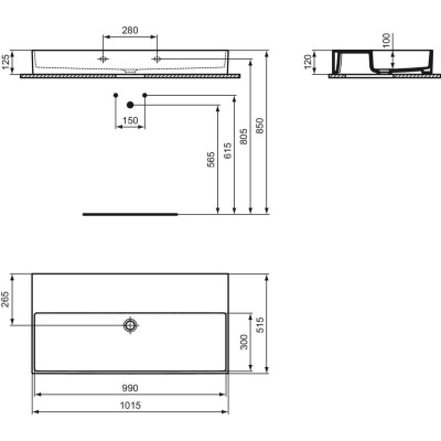 Ideal Standard Solos Vanity Basin pakabinamas praustuvas 1015x515x120 mm, be skylės maišytuvui, pasirinkite spalvą