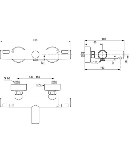 Ideal Standard Ceratherm T25N termostatinis vonios/dušo maišytuvas, pasirinkite spalvą