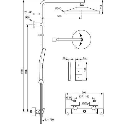 Ideal Standard Ceratherm T125+ virštinkinė termostatinė dušo sistema, pasirinkite spalvą