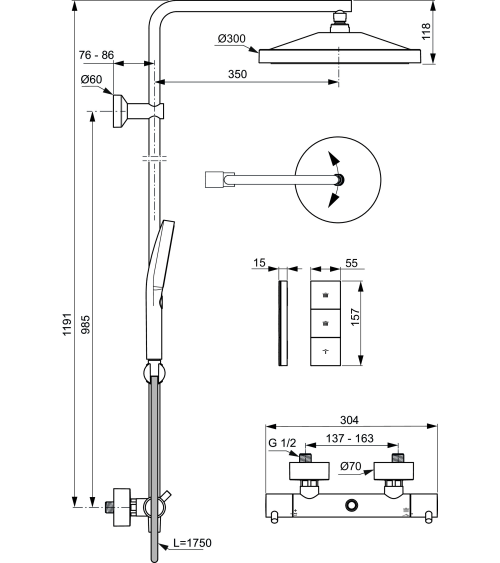 Ideal Standard Ceratherm T125+ virštinkinė termostatinė dušo sistema, pasirinkite spalvą